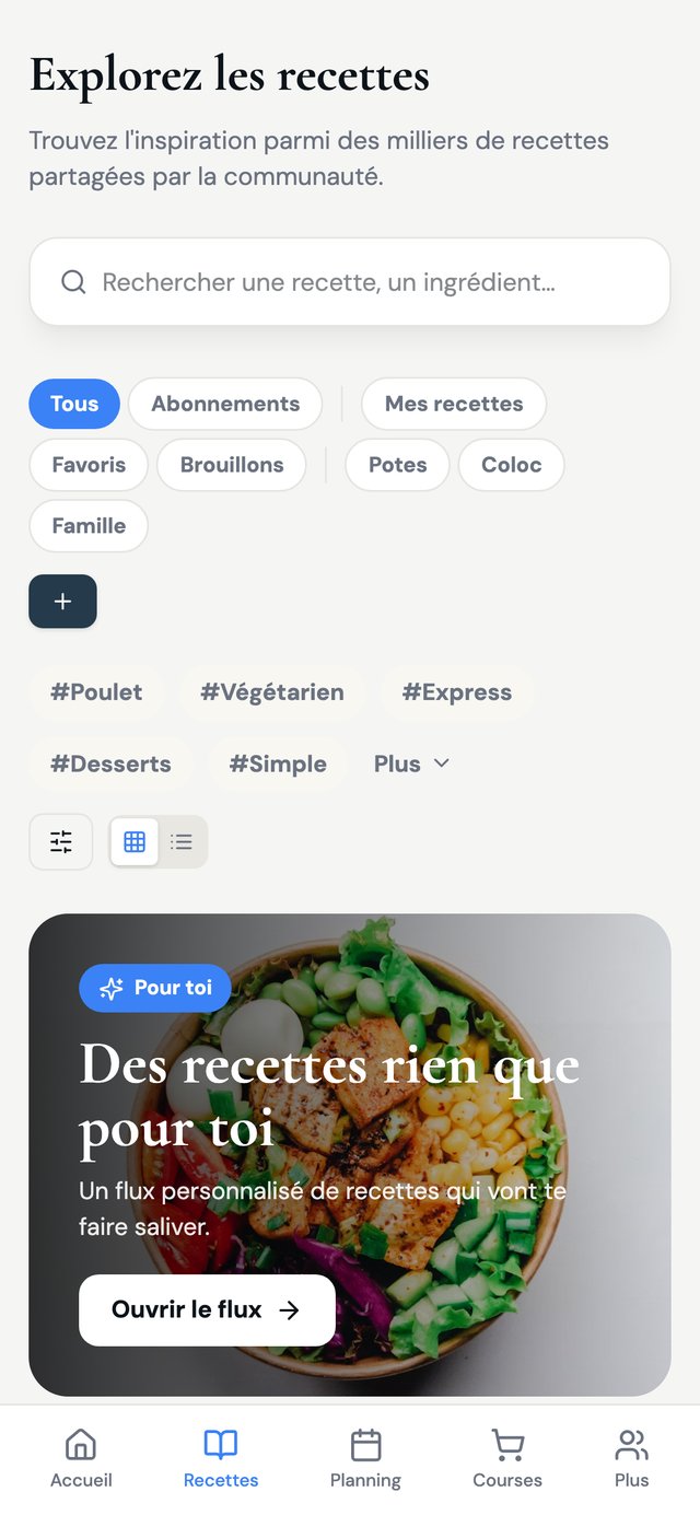 Bibliothèque de recettes CookStor avec filtres et vue grille